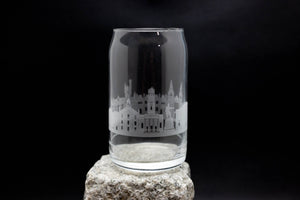 a glass with a picture of a castle on it