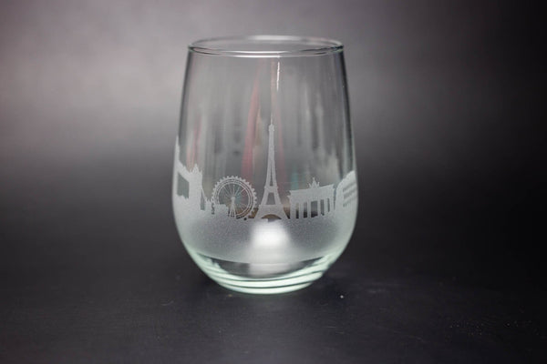 Traveler World Landmark City Skyline Wine Glass Barware - Urban and Etched