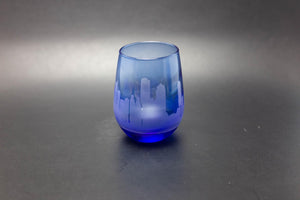 Boston Skyline Blue Stemless Wine Glass Etched Gift - Panoramic City Design - Urban and Etched