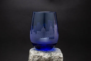 Lisbon, Portugal Skyline Blue Stemless Wine Glass Etched Barware