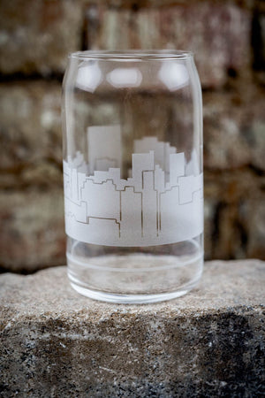 Asheville Skyline Glass Can - Ice Coffee Cup - Etched Glass Gift - Panoramic City Design - Urban and Etched