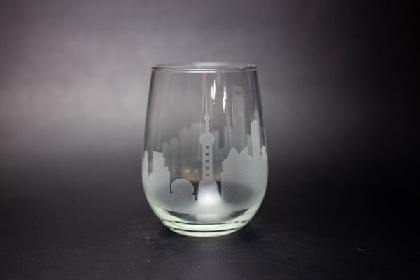Shanghai Skyline Wine Glass and Stemless Wine Glass Etched Gift - Panoramic City Design - Urban and Etched