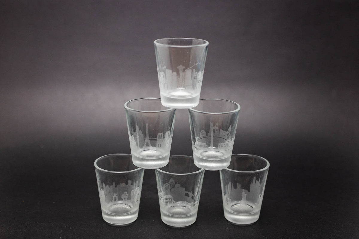 Lisbon Skyline Shot Glasses - Set of 4- Etched 2 oz. Shot Glasses - Urban and Etched