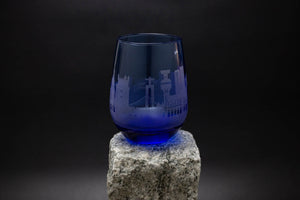 Lisbon, Portugal Skyline Blue Stemless Wine Glass Etched Barware